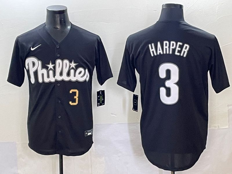 Men 2025 Philadelphia Phillies #3 Harper Black Fashion Nike MLB Jersey style 7042